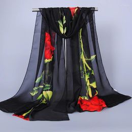 Scarves Long Shawls Wraps Women Beach Sunscreen Hijab Bandana Head Scarfs Rose Print Silk Scarf Chiffon Kerchief Neck 50x150cm