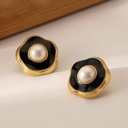Modern Jewellery Black Flower Earrings 925 Silver Needle Vintage Copper Pearl Stud Earrings For Women Gift