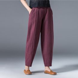 Women's Pants Capris Women's Wide Trousers Vintage Elastic Waist Pocket Cotton Linen Harem Pants Capris Summer Loose Soild Linens Pants for Women 230413