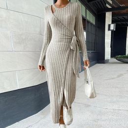 Casual Dresses Ribbed Tied Detail Wrap Dress Women Long Sleeve O Neck Solid Vestidos Slim High Street Belt Buttocks Striped