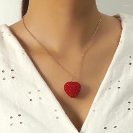 Pendant Necklaces Girl Big Red Rhinestone Heart & Long Chain Collier Women Wedding Jewelry Party Birthday Gifts Wholesale