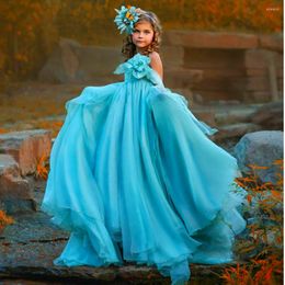 Girl Dresses First Communion Sleeveless Shoulder-length Blue Angel Princess Dress Flower Wedding Beauty Pageant Dream Kids Gift
