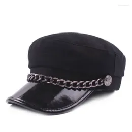 Berets PU Leather Military Hat Winter Sailor Hats For Women Girls Boys Baseball Cap Black Grey Flat Top Beret Sboy