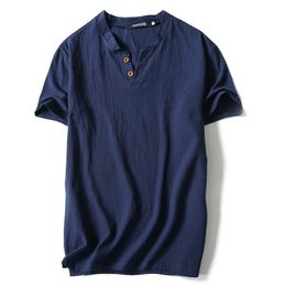 Men's T-Shirts Summer Brand T-Shirt Men Short Sleeve Loose Breathable Cotton Linen T Shirt Male Fashion Solid Colour V-Neck Tees 9XL 230413