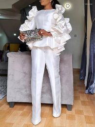 Women's Two Piece Pants Women Pieces Set White Blouse Tops Ruffles Long Sleeves High Waist Trousers African Suit Elegant Office Ladies