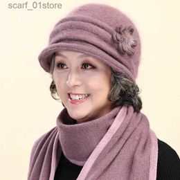 Hats Scarves Sets La Hat Winter New Solid Colour Middle-Aged And Elderly Ladies Warm Embroidered Woollen Rabbit Fur Knitted GrandmaL231113