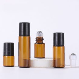 2000pcs/lot 1ML 2ml 3ml 5ml Amber Glass Bottle with gold lid Bottles with Metal Roller Ball Roll on Brown