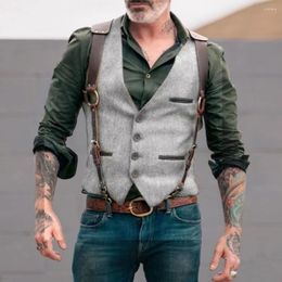 Men's Vests Men Vintage Slim Suit Vest Herringbone Notch Single Breasted Pocket Retro Hunting Tweed Waistcoat Sleeveless Male