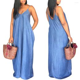 Casual Dresses Summer Women Loose V Neck Backless Spaghetti Strap Jeans Denim Maxi Dress