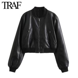 Women's Jackets TRAF Women Fashion Spring/Fall Solid Imitation Leather Bomber Jacket Long-sleeved Zipper Standing Collar Chic Female Coats J231113
