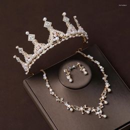 Necklace Earrings Set Bride Imitation Pearl Crown 3-piece Of Artificial Crystal Sweet Birthday