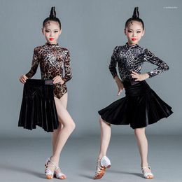 Stage Wear Autumn Girls Latin Dance Training Suit Long Sleeve Leopard Print Children Split Velvet Dress Performance