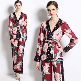 Luxury Fashion Elegant Print Pyjama Set Women Designer Long Sleeve V-Neck Bow Lace Up Tops and Wide Leg Pants 2 piece Sets 2023 Spring Autumn Runway Vacation Suits