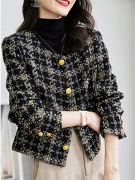 Women's Jackets High-Quality Autumn And Winter Small Fragrance Tweed Coat Ladies Temperament Black Plaid Woollen Outerwear