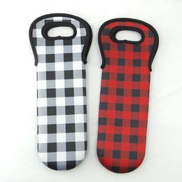 Party Supplies Christmas Red Check Wine Holder Wholesale Blanks Neoprene Buffalo Plaid Cooler Covers Wedding Gift Wraps