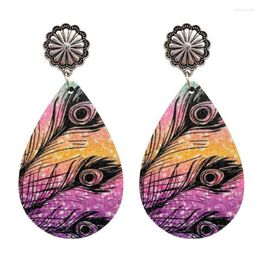 Dangle Earrings Peacock Feather Wood For Women Fashion Vintage Single Side Print Teardrop Boutique Jewelry Wholesale