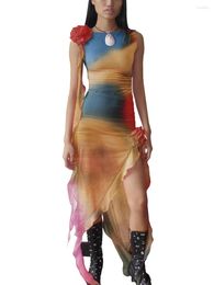 Casual Dresses MYBFYABO Women Y2K Ruffles Dress Fringe Strapless 3D Flower Tassels Irregular See Through Beach Party Club Wear