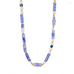 Pendant Necklaces Elegant Vintage Fashion Beads Necklace Pearls Gold Plated Stainless Steel Blue Chalcedony Ladies Jewelry