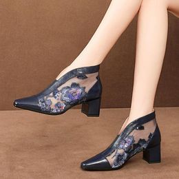 Dress Shoes Four Seasons Women Mid Heel Sandals Boots Mesh Flower Fashion Spring Heels Hollow Out Slip On Blue Red Green Drop