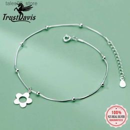 Anklets Trustdavis Genuine 925 Sterling Silver Minimalist Snake Chain Beads Flower Anklets For Women Wedding Fine Jewelry Gift DB1319 Q231113