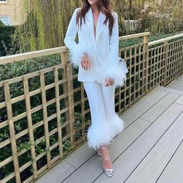 Women's Two Piece Pants Women Blazer Sets High Quality Long Sleeve Top And Feather Hem Street Evening Party Outfits Elegant Ladies