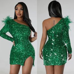 Sexy Long Sleeve Bodycon Sequin Dress One Shoulder Clubwear Outfit Women Vestidos Autumn Mini Party Dress