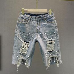 Women's Jeans 2023 Spring Loose High Waist Slimming Short Summer Women Beaded Rhinestone Tassel Ripped Knee Length Shorts Felmale