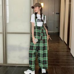 Women's Pants Plaid Wide Leg Strap Overalls 2023 Summer Women Streetwear Hip Hop Loose Casual Korean Style Braces Bib Trousers Q892