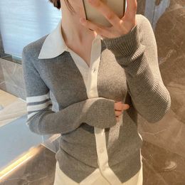 TB Tom Women S Cardigans Sweaters Early Spring New Tompolo Collar Single Breasted Slim Contrast Color Versatile Merino Wool Top