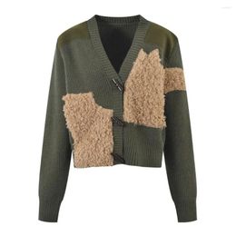 Women's Knits Wool Lamb Patchwork Fashionable V-Neck Cardigans Knitwear Women Sheepskin Buckle Vintage Dark Green Short Sweaters 2023 Autumn