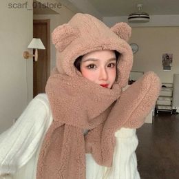 Hats Scarves Sets Harajuku Cute Bear Ear Scarf Hijab Hat Gs Female One-piece C Winter Warm Plush Shield Streetwear Ladies AccessoriesL231113