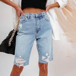 Women's Shorts Cycling Denim Shorts Woman Fashion High Waist Hole Five-Point Shorts Washed Summer Thin Short Jeans 230413