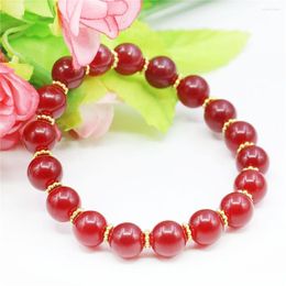 Strand 10mm Round Red Rubys Bracelet Natural Stone Elastic Jewelry Making Design Alloy Flower Septal Beads Hand Made Women Girls Gifts