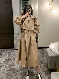 Women's Trench Coats Windbreak Jacket Women Trench Coat Topcoat Double-breasted Casual Coat Pure Colour Autumn Winter Overgarment Waistband Lapel CoatL231113