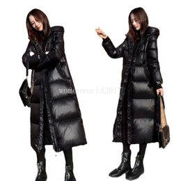 Women's Down Glossy Black Cotton-padded Jacket Long Knee-thick Korean Loose Coat Women