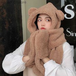 Hats Scarves Sets Lamb Velvet Hat Woman Winter Warm And Cold Hooded Scarf Gs 3-in-1 Sets Female Cute Bear Ear Protection Cotton C With EarsL231111