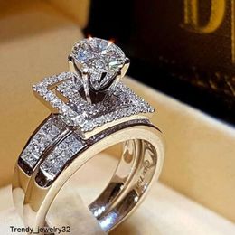 Brand Cute Female Crystal White Round Set Engagement Ring Vintage Bridal Wedding Rings Sier for Women CLASSIC
