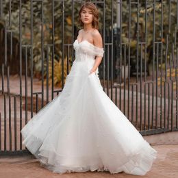 Classy Long Wedding Dresses Off the Shoulder Tulle Short Sleeves with Pearls A Line Court Train Bridal Gowns