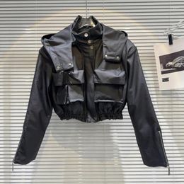 Women's Leather BORVEMAYS Hooded Collar PU Jacket Black Long Sleve Pockets Zipper Casual Simple Add Cotton Coat Women 2023 WZ7345