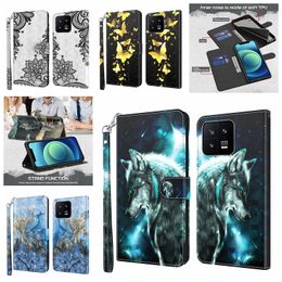 3D Wolf Leather Wallet Cases For Xiaomi 13 Mi13 Pro Samsung S23 Ultra Plus A14 5G A54 A24 A34 Lace Butterfly Flower Panda Bird Flip Cover Aniaml Stand Holder Pouch