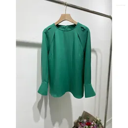 Women's Blouses Top End Women Fashion Silk Green Long Sleeve Back Zipper Blouse Elegant Lady All Match O-neck Pullover Slim Shirts