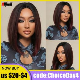 Cosplay Wigs Medium Length Chestnut Brown Synthetic Wigs Middle Part Wine Red Highlights Straight Wig Heat Resistant for Women Party Cosplay 230413