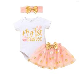 Clothing Sets Baby Girls Jumpsuit Set Summer Letter Print Short Sleeve Rompers And Casual Dot Printed Mesh Skirt Headband