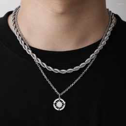 Pendant Necklaces Hiphop Streetwear Compass Necklace North Star Charms Twist Rope Chains Stainless Steel Men Jewellery Double Layer Circle