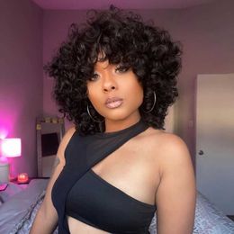 Nxy Hair Wigs Short Curly Rose Wig with Bangs Fumi Human Full Machine Made Deep Wave Water Virgin Brazilian for Black Women 230619