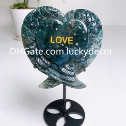 Natural Moss Agate Angel Wings Heart Figurine Decor Large Spiritual Growth Gemstone Carving Aquatic Plant Quartz Crystal Specimen with Love Letters Romantic Gift