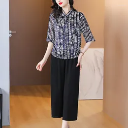 Women's Two Piece Pants 2023 Summer Silk Printed Polo Neck Short Sleeve Shirt Long Set Wide Leg Loose Size Slim
