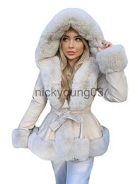 Women's Down Parkas EE1492 PU Leather Short Jackets Women Fashion Tie Belt Waist Coats Women Elegant Faux Fur Hooded Coats Female Fur Lined Ladies J231113