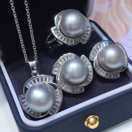 Necklace Earrings Set Freshwater Pearl 9-10mm Fashion Grey 3 Pcs/set Simple All-Match