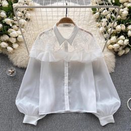 Women's Blouses See Through Lace Crochet Patchwork Mesh Shirt Autumn Long Sleeve Ruffles Single-Breasted Loose White Tops